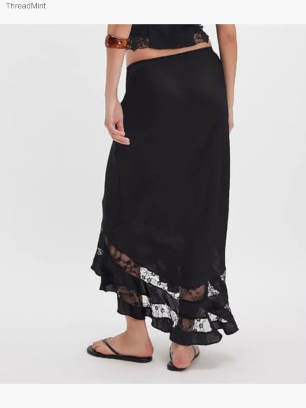 Lace Trim Satin Maxi Skirt A-Line Handkerchief Hem Flowy Silk Half Slip Long - Picture 4 of 4